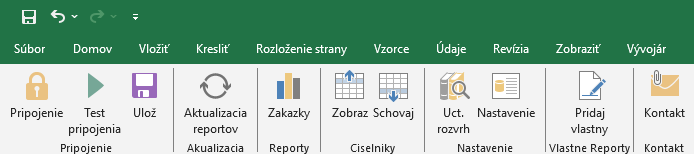 Reálna ukážka rozšíreného menu Emasoft s reportmi, zákazkami a vlastnými funkciami v programe Excel